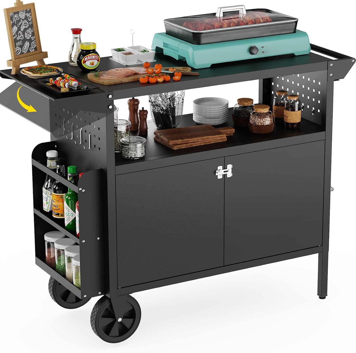 Kitchen Gadgets Organizer - Wózek-grill zewnętrzny ze stołem i schowkiem,